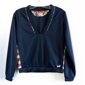 Puma dark blue v-neck pullover sweatshirt striped athleisure outdoor workout S